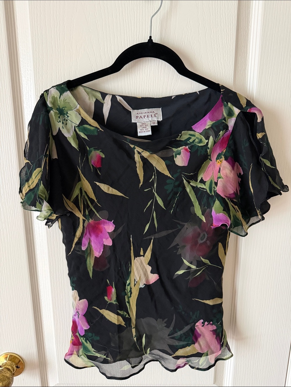 Adrianna Papell Black Floral Chiffon Flutter-Sleeve Blouse